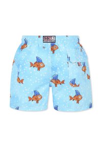 Shorts da bagno blu con stampa tutte leover di pesci arancioni con pinne blu e bolle. Include una tasca laterale e una vita elasticizzata.