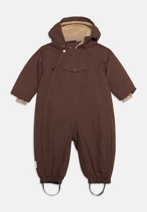 Brown hooded one-piece snowsuit for toddler with beige lining, front button pocket, elastic cuffs, and foot straps.