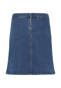 Mini gonna di jeans blu con cerniera e chiusura a bottone sul davanti, taglio dritto e dettagli di cuciture visibili.