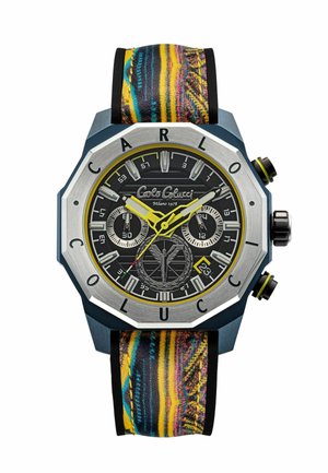 Achtkantige Uhr mit schwarzem Zifferblatt, silbernen Akzenten und einem bunten, gemusterten Textilarmband. Verfügt über Chronographen-Subzifferblätter und Datumsanzeige.
