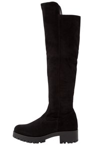 Botas de ante negro por encima de la rodilla con punta redonda y suela de goma gruesa, que presentan un diseño sin costuras y detalles de costura mínimos.