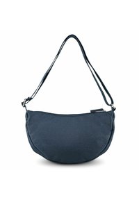 Bolso de hombro de tela azul oscuro con forma curvada, correa ajustable y cierre de cremallera. Superficie texturizada sin patrones visibles.