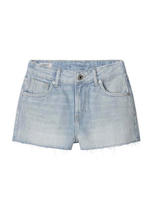 Jasnoniebieskie szorty dżinsowe z postrzępionymi brzegami, z przodu zapinane na guzik i zamek oraz z wieloma kieszeniami.