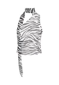 Sorte og hvide zebra-print udenærmet top med bindebånd i halsen, fremstillet af letvægtigt stof, med en løs pasform og asymmetrisk kant.
