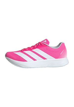 Pink running shoe featuring a textured upper, white three-stripe design, lightweight sole, and a gradient heel with "LIGHTMOTION" branding.
