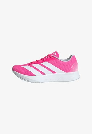 Pink running shoe featuring a textured upper, white three-stripe design, lightweight sole, and a gradient heel with "LIGHTMOTION" branding.
