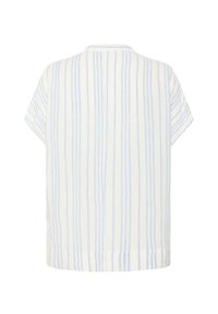Lightweight, short-sleeved top in white with blue vertical stripes. Relaxed fit, simple neckline, and smooth cotton texture.