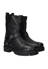 Zwarte leren enkellaarsjes met een gestructureerde afwerking, gestikte details, band en gesp accenten, en een robuute rubberen zool.