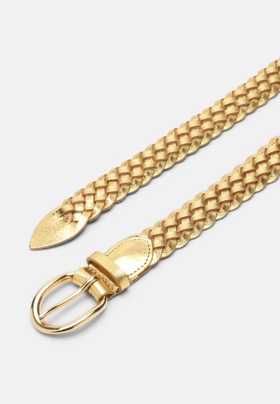 Braided metallic gold leather belt with rounded gold buckle and pointed tip on a white background.