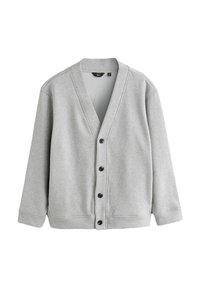 Light grey cardigan made of soft fabric, featuring a V-neck, long sleeves, and five black buttons down the front. Smooth texture.