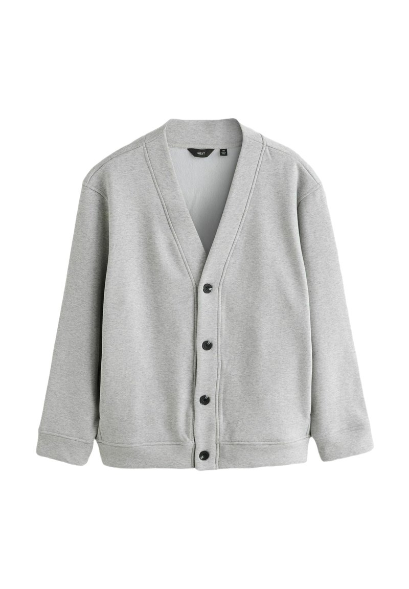 Light grey cardigan made of soft fabric, featuring a V-neck, long sleeves, and five black buttons down the front. Smooth texture.
