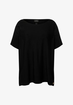 Schwarzes T-Shirt mit kurzen Ärmeln und weitem quadratischen Ausschnitt, aus leichtem Stoff gefertigt. Verfügt über einen dezenten Fall und ein kleines Logoschild an der Seite.