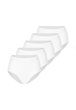 Cinque paia di slip bianchi in cotone a vita alta, design senza cuciture con cintura elastica, texture liscia e senza loghi visibili.