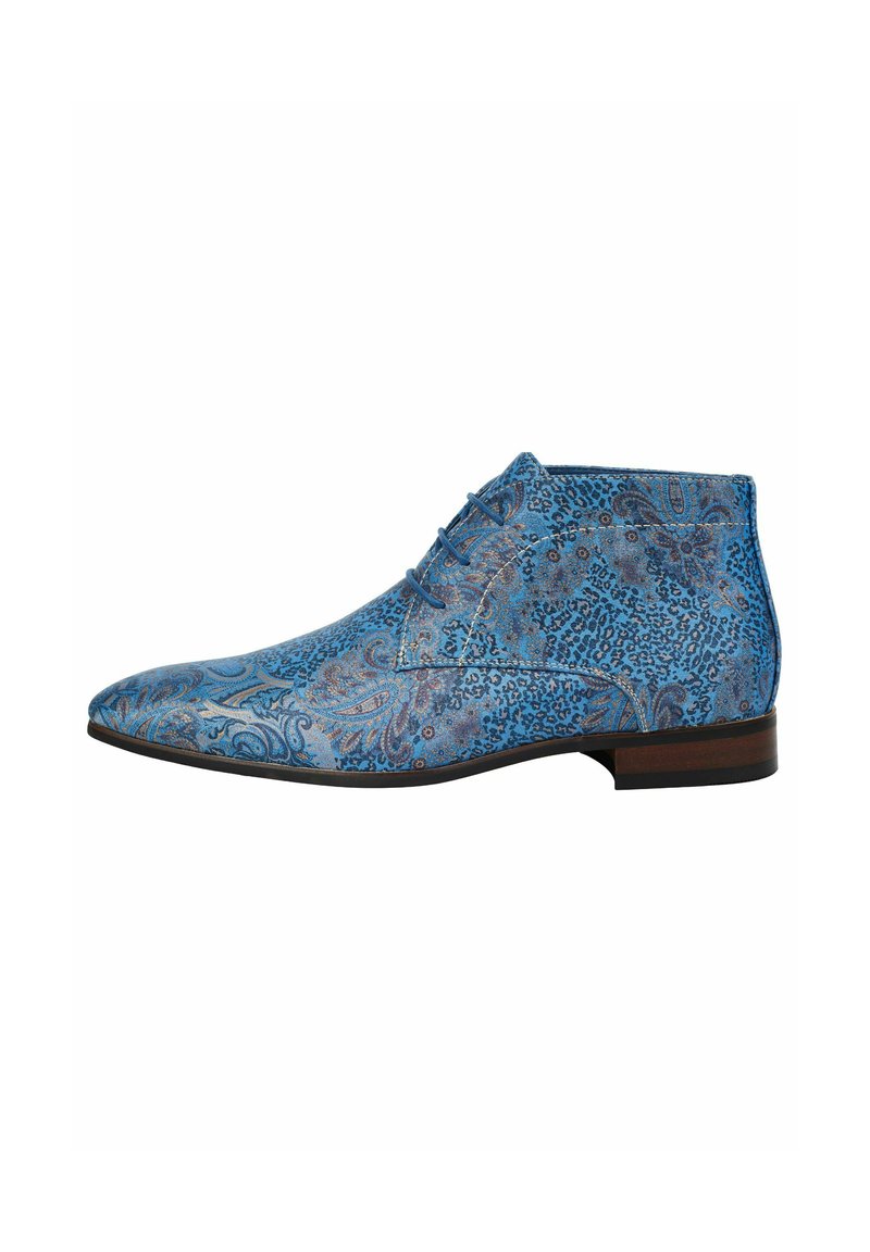 Blue patterned ankle boots with a pointed toe, lace-up design, and brown wooden heel. Features intricate paisley and floral details.