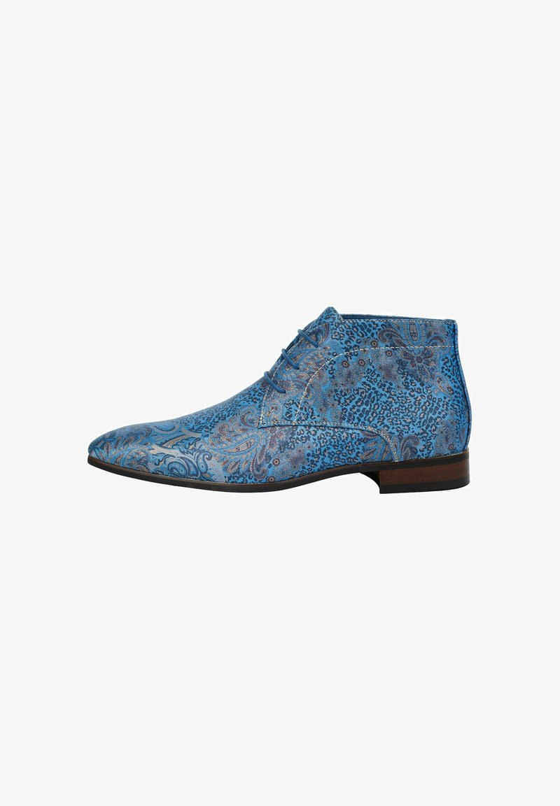 Blue patterned ankle boots with a pointed toe, lace-up design, and brown wooden heel. Features intricate paisley and floral details.