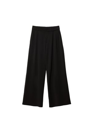 Schwarze weit geschnittene Hosen mit hoher Taille, die Falten, eine glatte Textur und keine sichtbaren Taschen oder Verzierungen aufweisen.