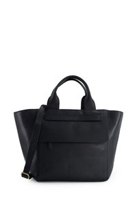 Black leather tote bag with two handles and a removable shoulder strap. Features a front pocket and embossed brand logo on the front.