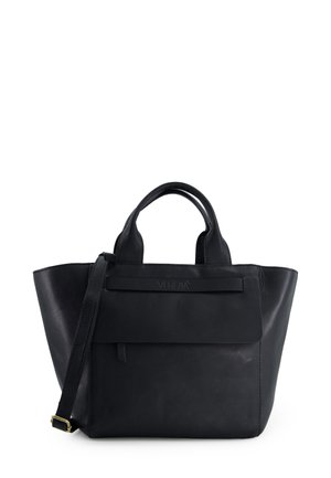 Black leather tote bag with two handles and a removable shoulder strap. Features a front pocket and embossed brand logo on the front.