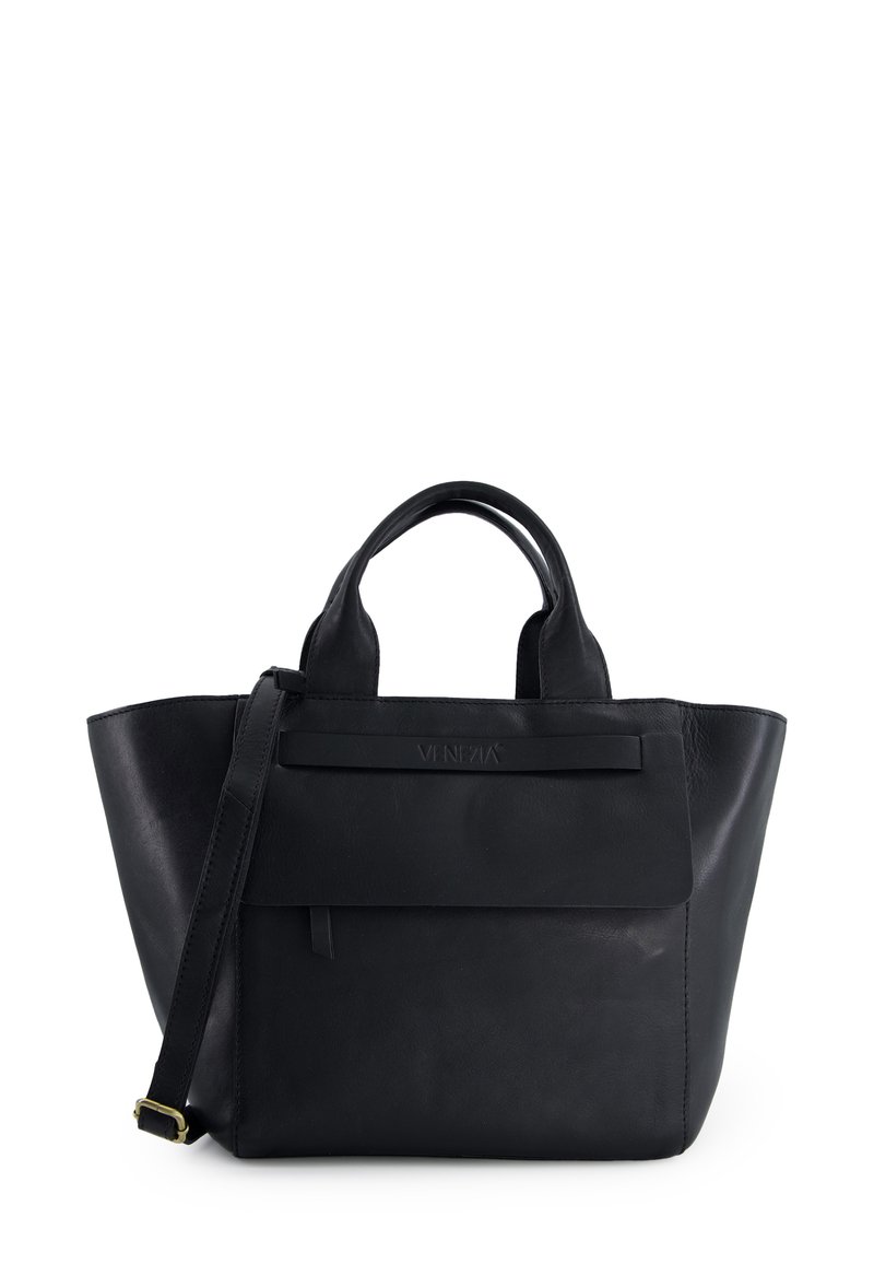 Black leather tote bag with two handles and a removable shoulder strap. Features a front pocket and embossed brand logo on the front.