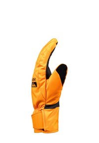 Orange vattentät handske med vadderad design, med svart accent, justerbart handledsrem och en framträdande logotyp på skaftet.