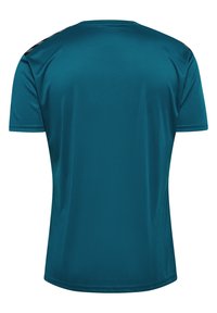 Turkos sporttröja i lätt, slät tyg med korta ärmar, rundad halsringning och subtila svarta detaljer på axlarna.