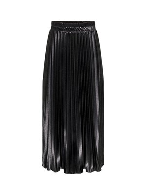 Jupe midi plissée noire avec une finition brillante, taille élastique et plis verticaux prononcés, offrant une apparence texturée et fluide.