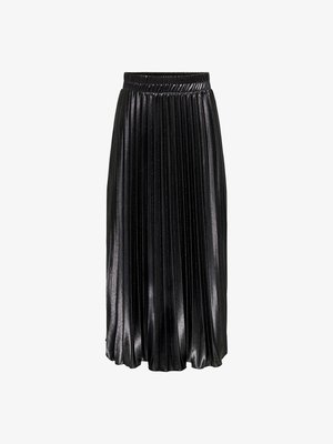Zwarte plissé midi rok met een glanzende afwerking, elastische tailleband en opvallende verticale plooien, die een textuur- en vloeiend uiterlijk bieden.