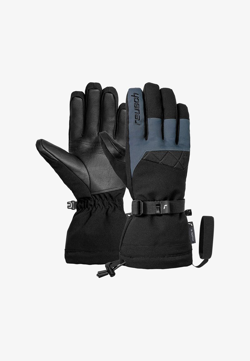 Schwarze Winterhandschuhe mit Lederflächen, textilem Rücken und einem grauen Akzent. Zu den Merkmalen gehören elastische Bündchen und ein verstellbarer Riemen für einen sicheren Sitz.