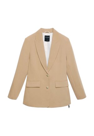 Beige einreihiger Blazer mit zwei aufgesetzten Taschen vorne, zwei goldenen Knöpfen, angeschrägtem Revers und einem weißen Innenfutter.