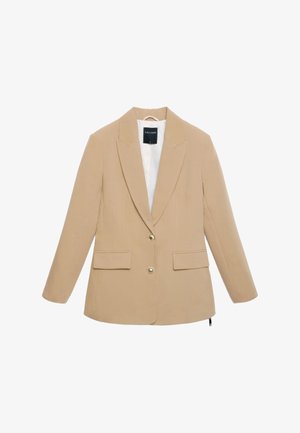Blazer beige monopetto con due tasche frontali con patta, due bottoni dorati, rever con intaglio e fodera interna bianca.