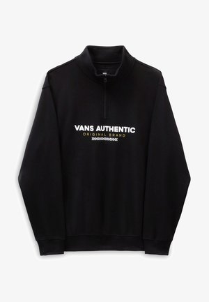Sweat-shirt noir à manches longues avec fermeture quart de zip, orné du texte "VANS AUTHENTIC ORIGINAL BRAND" et d'un motif à damiers sur la poitrine.