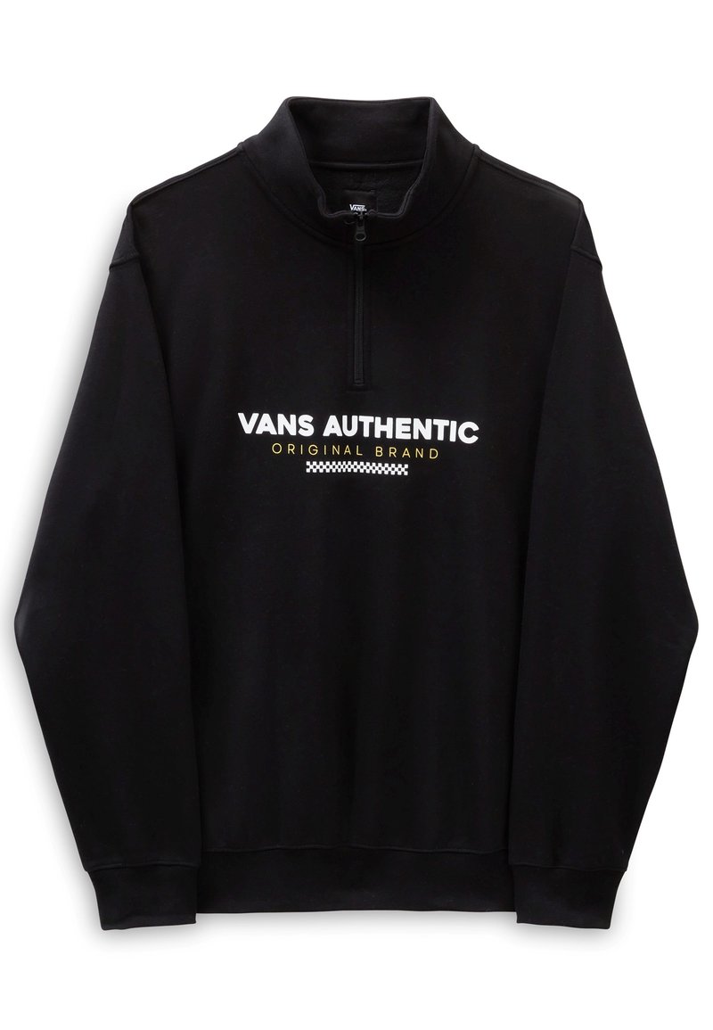 Sweat-shirt noir à manches longues avec fermeture quart de zip, orné du texte "VANS AUTHENTIC ORIGINAL BRAND" et d'un motif à damiers sur la poitrine.
