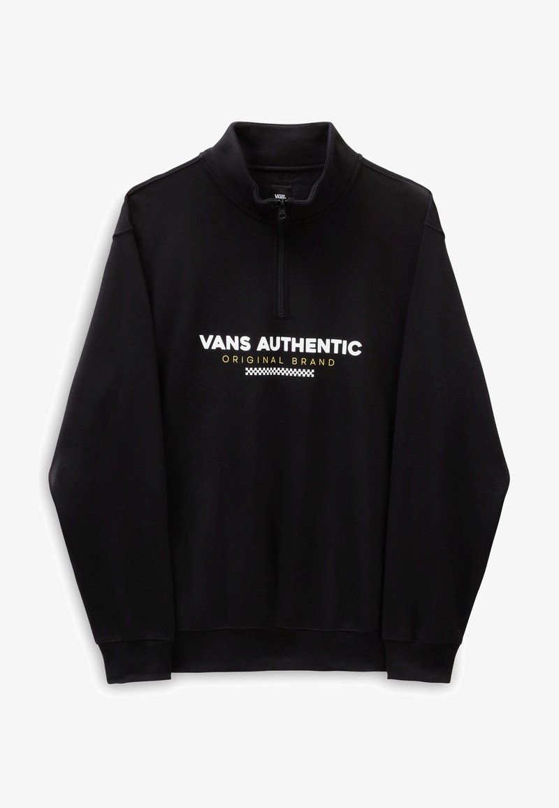 Sweat-shirt noir à manches longues avec fermeture quart de zip, orné du texte "VANS AUTHENTIC ORIGINAL BRAND" et d'un motif à damiers sur la poitrine.