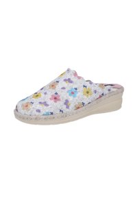 Zapatilla tipo slip-on con tela gris y un patrón floral multicolor, que presenta un borde con forma de ondas y una suela acolchada beige.