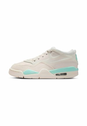 Light beige sneaker with mesh and leather upper, teal accents, round toe, and visible air cushioning in the sole. Laced closure.