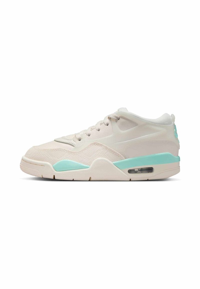 Jasno beżowe sneakersy z siateczkową i skórzaną cholewką, turkusowymi akcentami, okrągłym noskiem oraz widocznym systemem amortyzacji w podeszwie. Zapięcie na sznurówki.