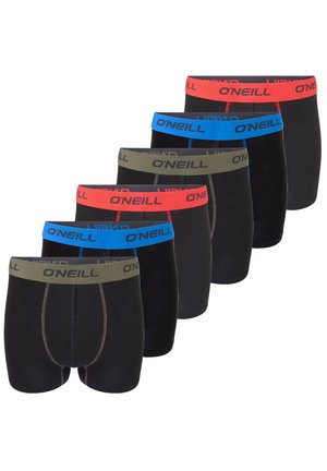 Zes zwarte boxershorts voor heren met gekleurde taillebanden in rood, blauw en olijfgroen, elk met het "O'Neill" logo erop.