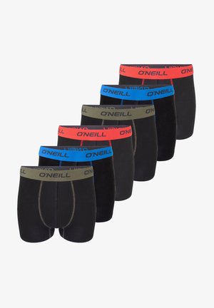 Zes zwarte boxershorts voor heren met gekleurde taillebanden in rood, blauw en olijfgroen, elk met het "O'Neill" logo erop.