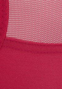 Rode textiel met een fijn gaaspatroon en een solide, glad paneel eronder. Heeft een gestructureerde rand met decoratieve stikdetails.