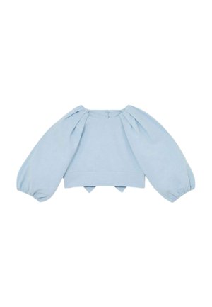 Hellblaue, kurz geschnittene Bluse mit weiten Puffärmeln, rundem Ausschnitt, Rückenknopfverschluss und elastischen Bündchen vor weißem Hintergrund.