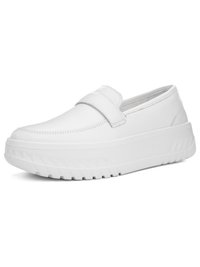 White slip-on loafer shoe with thick textured sole and a wide strap across the upper, made of smooth leather material.