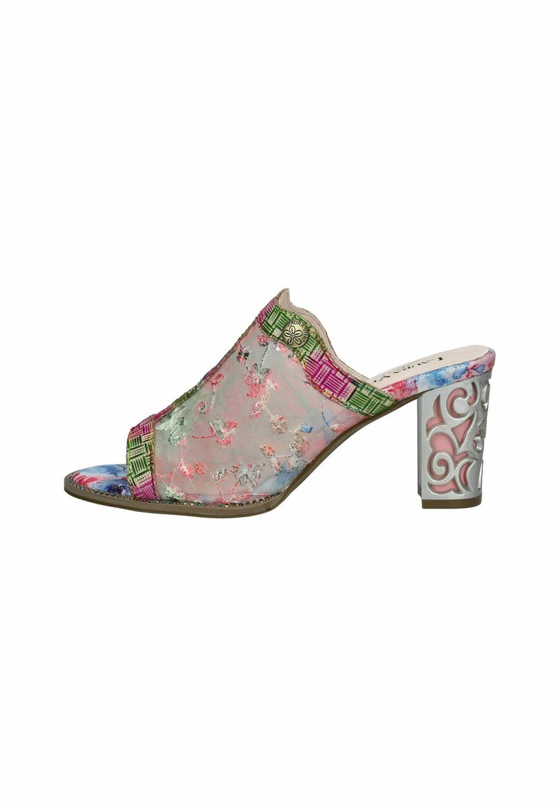 Open-toed mule met een transparante bovenkant met bloemmotief, geaccentueerd met levendige groene en roze rasterontwerpen, en een decoratieve uitsnede hiel.