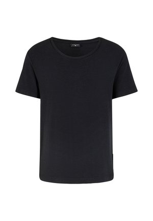 Schwarzes T-Shirt mit kurzen Ärmeln aus Baumwolle. Es hat einen runden Ausschnitt und einen lockeren Schnitt, mit einem dezenten Markenlabel an der Seite.