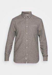 Bruine en witte geruite overhemden met een kraag, lange mouwen en een enkele borstzak. Katoenen stof met een gladde textuur.