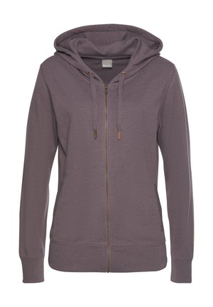 Purple zip-up hoodie made of soft fabric. Features a drawstring hood, two side pockets, and gold-tone zipper hardware.