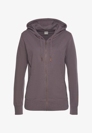Lila Zip-Hoodie aus weichem Stoff. Verfügt über eine Kordelzugkapuze, zwei Seitentaschen und goldfarbene Reißverschlussbeschläge.