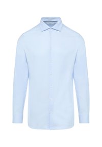 Himmelblaues langärmliges Hemd mit Knopfleiste aus glattem Stoff, ausgestattet mit einem klassischen Kragen und sieben Frontknöpfen in einfarbiger Textur.