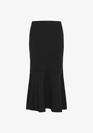 Jupe noire ajustée en matière extensible, dotée d'un bas évasé. Texture lisse avec des détails de couture et une fermeture éclair dissimulée.