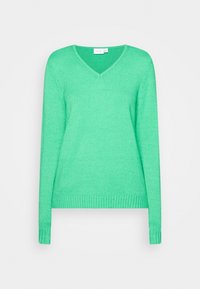 Green knitted sweater with a v-neckline, long sleeves, ribbed cuffs and hem. Smooth texture with a uniform color and minimal detailing.