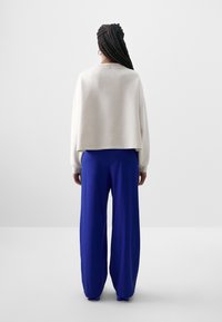 Kremasti skraćeni dukserica s detaljem dugmadi na leđima, uparena s hlačama širokog kroja u kraljevsko plavoj boji visokog struka. Vidljiva pletenica.